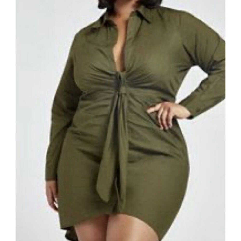 Fashion To Figure Tie Knot Sz 1X Olive Army Green Dress Large Long Sleeve Hi Lo